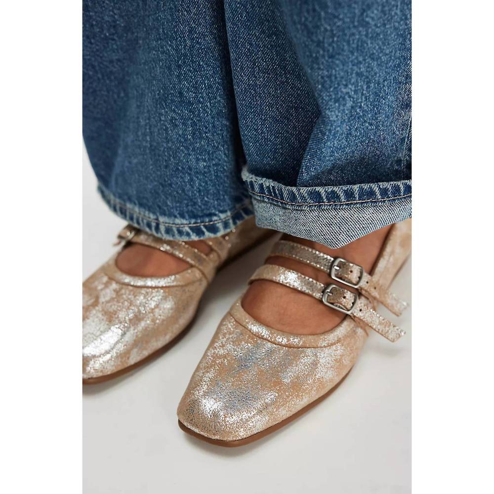Free People Metallic Champagne Double-Strap Mary Jane Flats